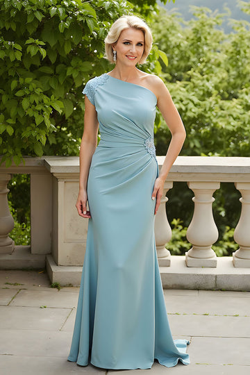 Robe Mère de la mariée Fourreau Bleu Clair Une Épaule Avec Appiques